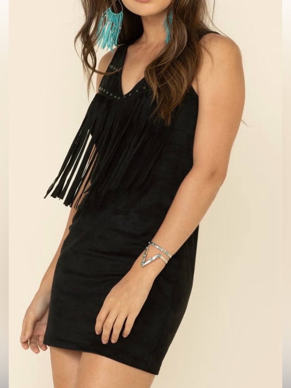 Idyllwind Black Fringe V-Neck Sleeveless Mini Dress (medium)